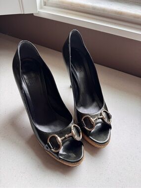 Gucci Black Leather Peep-Toe Heels with Gold Horsebit Accent